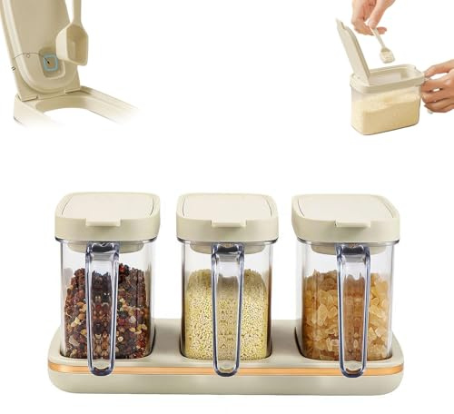 Clear Seasoning Box with Magnetic Spoon,Seasoning Rack Spice Pots, Plastic Storage Container Condiment Jars with Lids, Storage Container Spice Jar for Salt Sugar Tea Herbal Coffee Beans (White Set)