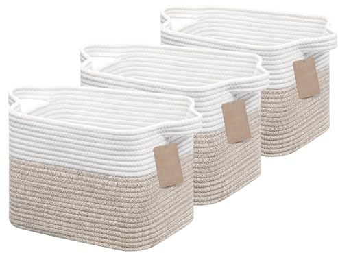 JOJOSEE Aufbewahrungskorb Geflochten 32 x 25 x 22,5cm Weiß & Braun 3 Stück | Faltbarer Korb Aufbewahrung mit Henkel, Storage Baskets aus Baumwolle, Kleiner Organizer für Spielzeug, Bücher & Accessoires