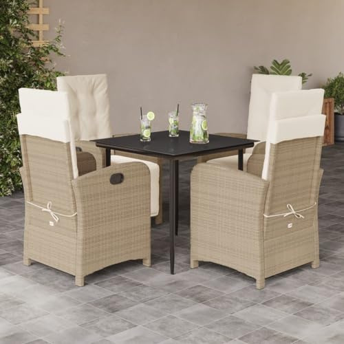 QJBSAVVA 5-TLG. Rattan-Essgruppe Beige verstellbare Gartenstühle mit Tisch 80x80 cm Poly-Rattan Robustes Balkonmöbelset Outdoor-Sitzgruppe für Garten Terrasse Balkon