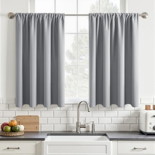MRTREES Tende Oscuranti Impermeabile Corte a Vetro per Interni Finestre Piccole Cucina Camera da Letto Soggiorno Salotto Tende Termiche isolanti con Passanti, 90x90cm, Grigio Chiaro, 2 Pezzi