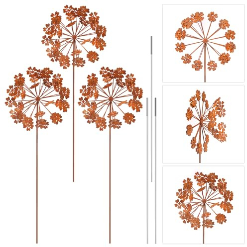 3Pcs Metal Flowers for Outside,Rustic Garden Stake Decorative,Weather-Resistant Flower Bed Decor Plant Stakes,Rust Dandelion Garden Decor for Lawn Yard Art Outdoor Walkway Potted Accessory(Style 2)