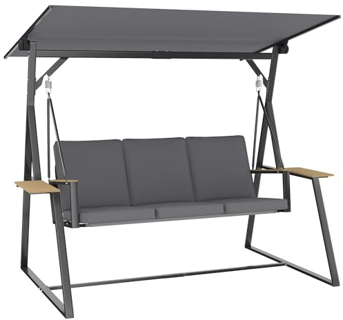 Outsunny Columpio de Jardín 3 Plazas UPF50+ 222x131x175 cm Gris | Techo Ajustable, 2 Bandejas, Cojines, Marco de Metal, para Balcón Terraza Patio, Carga 360 kg