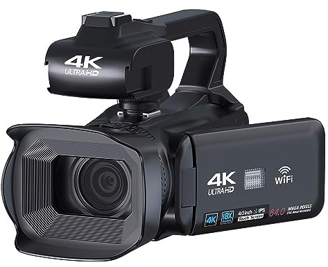 4K Video Camera 64MP Camcorder 4 Touch Screen Full UHD Vlog Streaming WIFI Digital Recorder Webcam Takes Sharp Smooth(128G SD Card,With Microphone)