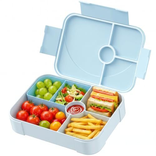 LEIKEEGO Lunch Box Kids, Leak-Proof Bento Lunch Box Adults, Snack Box with 6 Compartment for Kids and Adults Work School(Light Blue)