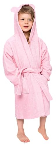 Twinzen - Peignoir Enfant Coton pour Fille et Garçon - 100% Coton Oeko-TEX® sans Produits Chimiques- 2 Poches, Ceinture, Capuche avec Oreilles,3-4 ans,Rose