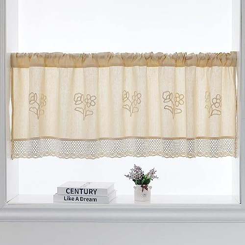 choicehot Kurzgardine aus Baumwolle-Leinen mit Handgehäkelte Spitze Privatsphäre - Dreidimensionales Florales Bistrogardine Verdunkelung Fenstervorhang für Küche 60x145cm
