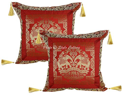 Stylo Culture Ethnico Fundas De Cojines Decorativos 45x45 cm Brocado De Seda Elefante Fundas Almohadones Sofa Granate Borlas De Jacquard Cuadrado Cremallera Fundas Almohadones para Sillas - 2 Pcs