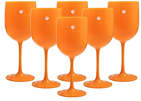 Val Francis Premium Plastic Champagne Prosecco or Wine Flutes - Set of 6 - Reusable, Unbreakable, Dishwasher Safe (Orange Glass | White Logo, Wine & Cocktail Glasses)