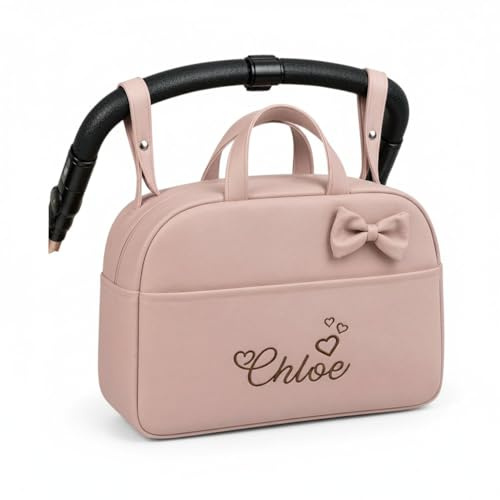 Danielstore Bolso Carrito Bebé Personalizado Rosa Maquillaje Polipiel 40x27x20 cm – Bolsa Maternidad con Nombre Bordado y Cremallera