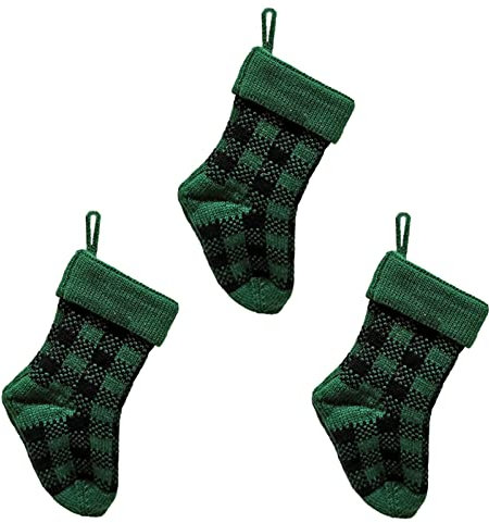Atroy 3 x Weihnachtsstrümpfe, kariert, Schwarz / Grün, Büffelkariert, Hängestrümpfe, kariert, Weihnachtsstrumpf, für Zuhause, Partys, Dekoration