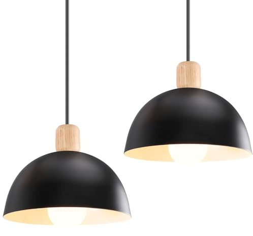 IDEGU Set med 2 retro hängande ljuskronor modern stil halvcirkel taklampa E27 trä metall hängande lampa för sovrum, matsal, kök, 20 cm (2 pack svart)