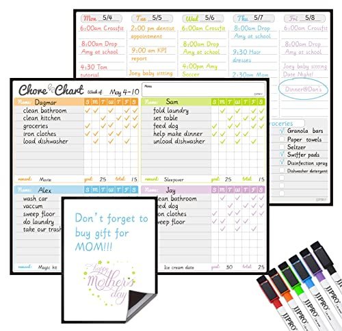 JJPRO Magnetic Dry Erase Chore Chart and Weekly Calendar Set for Fridge-Chore Chart for Multiple Kids,Weekly Planner Board,Family Chore Board for Multiple Kids&Adults,Bonus to-do Whiteboard