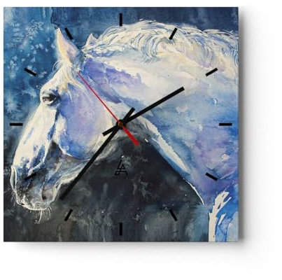 Modern Wanduhr Pferd Aquarell Porträt 40x40cm Quadrat Groß Wand Uhr Glas Analog Zimmeruhren Küche Büro Wohnzimmer Glasuhr Wall Clock Dekoration Design Wanddekoration Küchenuhr C3AC40x40-4272