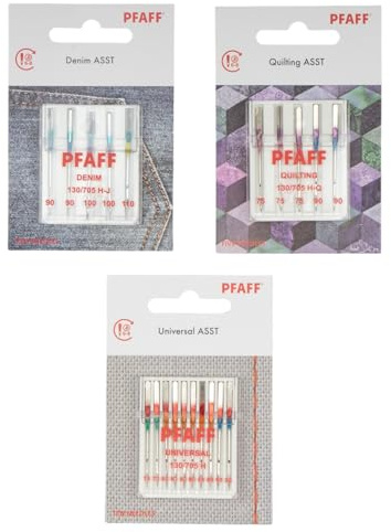 PFAFF Maschinennadel-Sortiment 3er-Set, 20 Nadeln Universal/Quilting/Jeans, System 130/705H, verschiedene Stärken für alle Haushaltsnähmaschinen