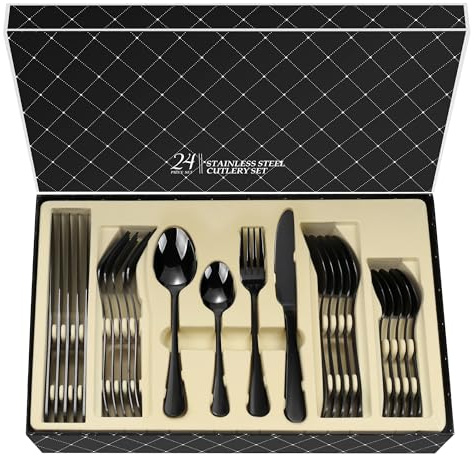 Black Cutlery Set, 24-Piece Flatware Set Stainless Steel Knife and Fork Set with Gift Box, Mirror Polished, Dishwasher Safe & Durable Dinnerware Set for Home Entertaining Christmas, Service for 6