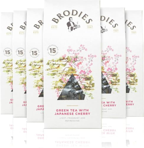 Brodies - Green Tea With Japanese Cherry - 100% Natural Eco-Friendly and Sustainably Sourced - 6 Boxes Of 15 Tea Bags - Total Of 90 Plastic Free Pyramid Teabags
