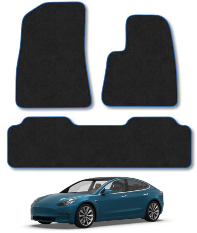 Tesla Model 3 (2019+) Carpet Car Mats | Blue Edge Trim Tailored Fit Floor Mats Full Coverage Protection Accessories Easy Clean Anti Slip Made in the UK