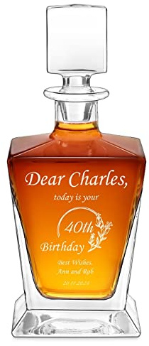 Maverton Geometric Whiskey Decanter with Engraving - Symmetrical Carafe for him - Customised Glassware for man - Stylish Barware for Birthday - Whisky Decanter for Husband - Wishes -