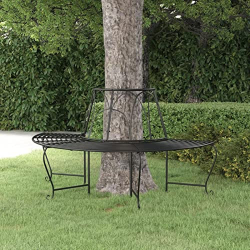 Homgoday Baumbank Gartenbank Gartenmöbel Bank Sitzbank Parkbank Metallbank Terrassenbank Witterungsbeständig Halbrund Ø159 cm Schwarz Stahl