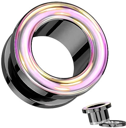 beyoutifulthings Ohr-Tunnel Schwarz Rosa Changierender Rand Chirurgenstahl Ohr-Piercing Ohr-Schmuck Plug Screw Fit Schraub-Verschluss 12-mm