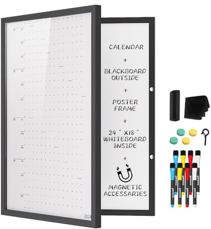 INNOVART Hidden Magnetic Dry Erase Whiteboard 24”x18”, Secret Dry Erase Board, Secret Marker Board Poster Frame w/Chalk Board Surface, Foldable Whiteboard Includes Poster, Acrylic Protect Film, Maker