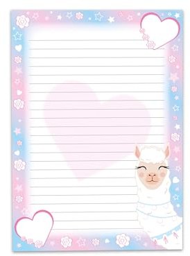 Briefpapier A4 Schreibblock liniert zum Ausmalen für Mädchen Kinder Schule Lama Alpaka rosa Herz (1 Block A4 mit 25 Blättern)