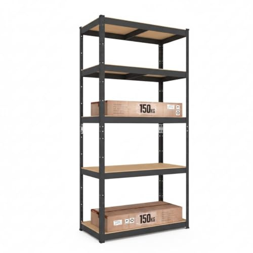 baudim® Schwerlastregal 200x100x60, 5 MDF-Böden, 750 kg, Schwarz, aus Stahl | XL-Stauraum für Werkzeug, Reifen und Vorräte, flexibel als Kellerregal, Garagenregal, Lagerregal oder Werkstattregal nutzbar.