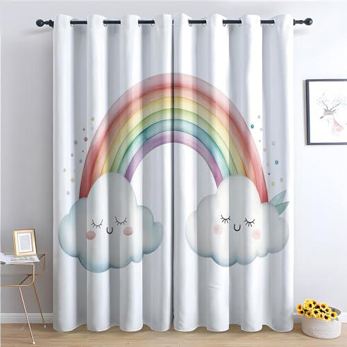 Vorhänge Kinder Mädchen, Verdunkelungsvorhang 2er Set - Vorhang Blickdicht Regenbogen Wolken Muster, Thermovorhang für Deko Wohnzimmer Schlafzimmer Kinderzimmer, Gardinen mit Ösen 245x140 cm (HxB)