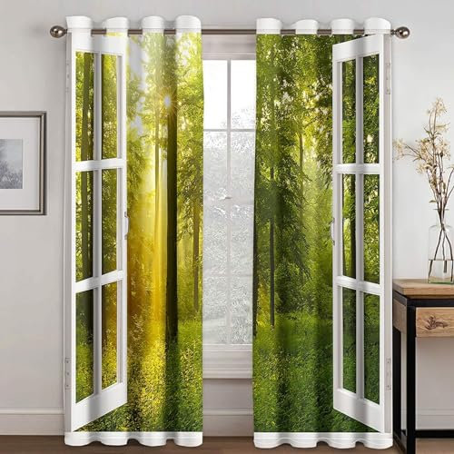 MTBDDyyds Vorhänge Für Kinderzimmer Jungen - 3D Grün Pflanzen Bäume 160X132Cm - Kinderzimmervorhänge Mit Ösen, Verdunkelungsvorhang Gardinen Schals Vorhang Blickdicht