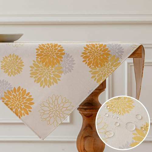 Vorysum Tischdecke Modern Blumen Gelb Dahlien Tischwäsche Modern Wasserabweisend Leinen，Dekoration Tischläufer Outdoor Sommer Garten für Hochzeit Esszimmer Party Urlaub Dekor 85 x 85 cm