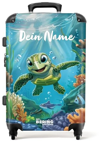 NoBoringSuitcases© Kinderkoffer, Koffer Personalisiert, Kinder Koffer, | 72 L - Koffer Groß, Koffer Mit Rollen, TSA Schloss, Trolley Koffer Mittelgroß, Koffer Mittel (Schildkröte - Blau, 67 cm - )