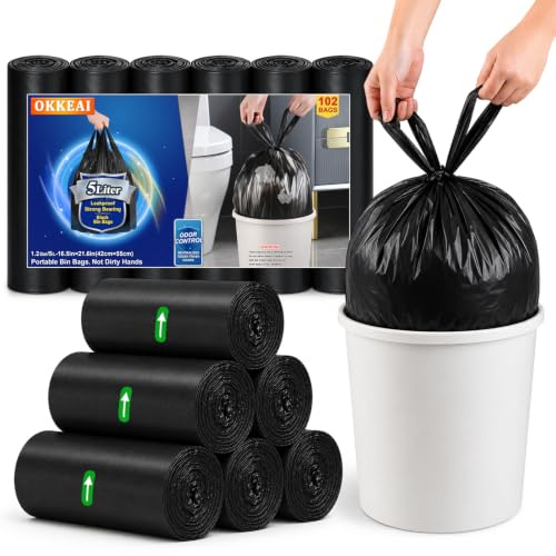 OKKEAI Müllbeutel 5L Schwarz Für Bad Und Toilette, 100 Stück | Auslaufsichere Mülltüten 5L, Mit Griffen, Reißfest, Geruchsneutral, Ideal für Saubere und Zuverlässige Abfallentsorgung