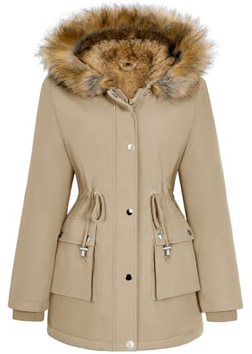 Xnova Vinterkappa dam, vattentät parkas med vindtät huva, medellång fleecefodrad jacka, varm och elegant fuskpäls, utomhusrockar, höst, vinter, Khaki, M