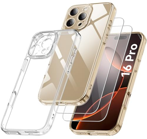 Qasyfanc Funda Compatible con iPhone 16 Pro, Carcasa con Protección de La Cámara y 2 Protector Pantalla, TPU Protección Militar Anti-Choque Funda Silicona PC Anti-Arañazos Caso, Transparent