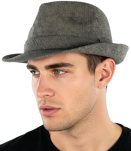 Funky Junque Fedora Hats for Men – Classic Wool Blend Trilby Dress Hat, Short Brim Men’s Fedoras for Formal & Casual Wear - Herringbone Brown/Black - Large/X-Large