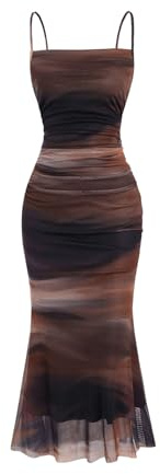 SweatyRocks Damen Batik Lange Kleider Figurbetontes Partykleid Mesh Spaghettiträger Ausgehkleid Bodycon Urlaubkleid mit Rüschensaum Braun S