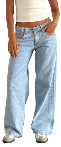 Women Low Rise Baggy Jeans Y2K Straight Wide Leg Loose Boyfriend Denim Pants with Pockets E-Girls Streetwear (C-Light Blue, XS)