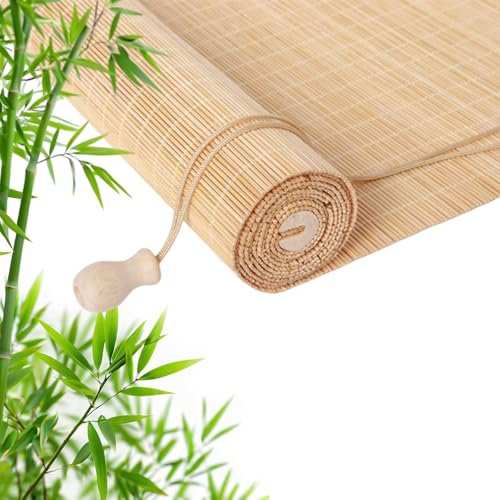 Retro Bambus Rollo, Natur Holzrollos Sonnenschutz und Sichtschutz Bambusrollo Staubdichter Dekorativer Vorhang, für Drinnen/Draußen/Garten