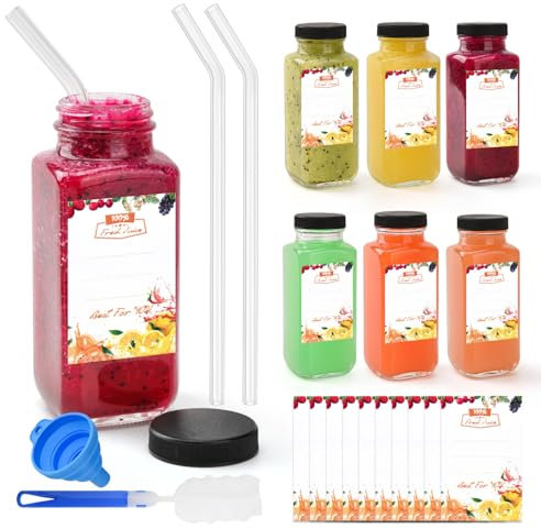 V·Colokishi Lot de 6 Bouteilles en Verre de 250 ml à Remplir avec Paille en Verre pour Jus, Smoothie, Lait, École, Extérieur