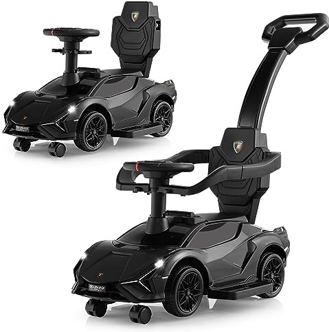 COSTWAY 3 en 1 Coche Correpasillos para Niños, Coche de Empuje Lamborghini, Coche de Paseo para Niños con Barandillas y Manillar Desmontables, Música, Faros y Ruedas Universales Desmontables (Negro)