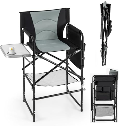TANGZON Camping Directors Chair with Side Table, 46/116cm Tall Makeup Artist Chair with Cup Holder, Footrest, Mesh Bag, Storage Pocket, Portable Folding Chair for Lawn Picnic Yard