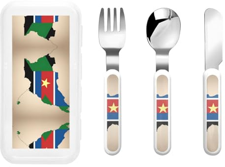 Carte du drapeau du Soudan du Sud avec imprimé étoiles jaunes Argenterie avec boîte de rangement, couverts sûrs, ensemble d'ustensiles, cuillères, fourchettes, couteau, acier inoxydable