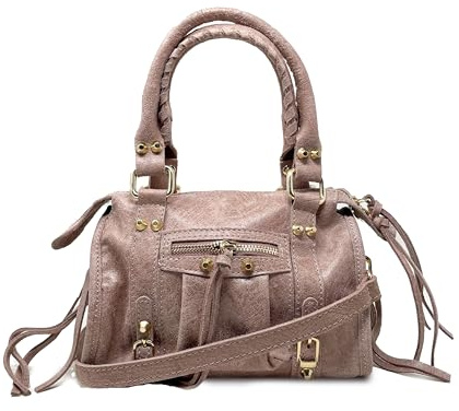 Borsa a Mano Alla Moda Piccola con Tracolla da Donna in Pelle Spatolata con Borchie (Cipria)