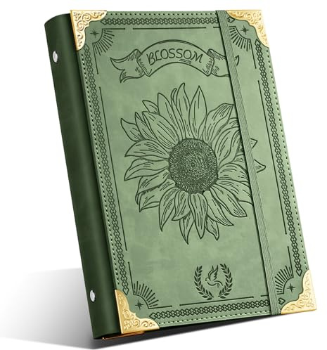 Ovesmusl Sunflower PU Leather A5 Binder 6 Ring Refillable Journal Cover No Inserts A5 Planner Binder Loose Leaf Binder for Notebook 5.7”x8.3” with Elastic Closure, Green