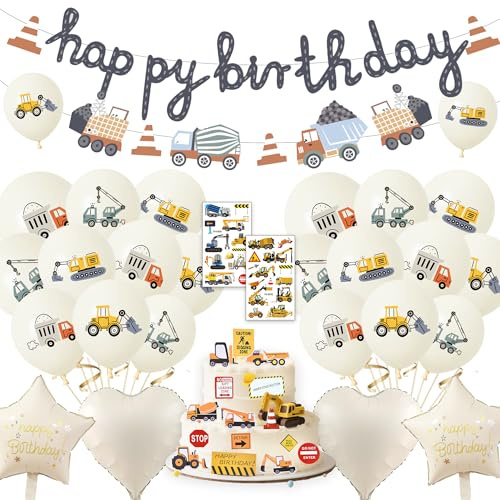 Bagger Geburtstag Deko Junge, Baustelle Luftballons und Girlande Set | Set mit Baustellen-Banner, bedruckten Latexballons und Zahlenballon. Geeignet für den Kindergeburtstag mit Baustellen-Thema.