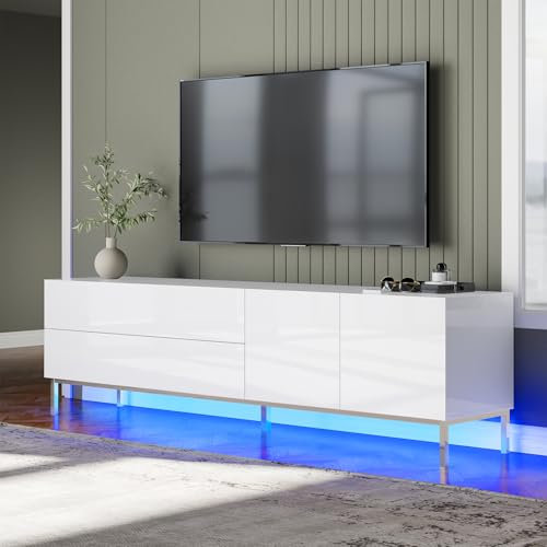 LUXOAK TV Lowboard Hochglanz Weiß mit LED, Fernsehschrank für Fernseher bis 80 Zoll, mit Schublade & Türen, verchromten Füßen für Wohnzimmer & Schlafzimmer, 160 x 40 x 54.5cm