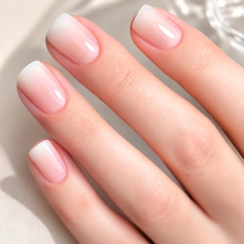 24Pcs Pink Press On Nails, Square False Nails with Glue, Ombre Pink White Stick On Nails - Easy Apply Removable Short False Nail For Women Home DIY Art For Daily Gift