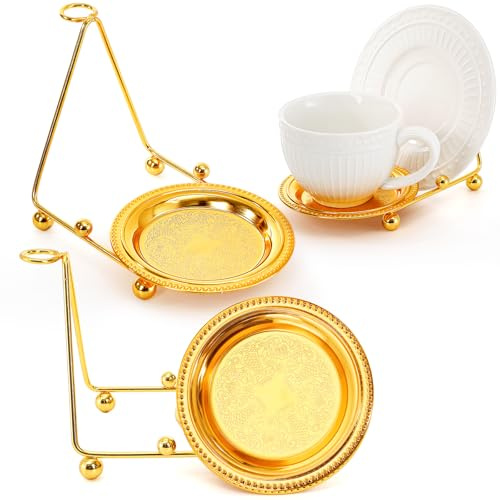 YIMITEE Paquete de 2 soportes de exhibición para tazas y platillos, platillo dorado para tazas de té y cuchara con base, estante de almacenamiento de platos decorativos, organizador de tazas de café