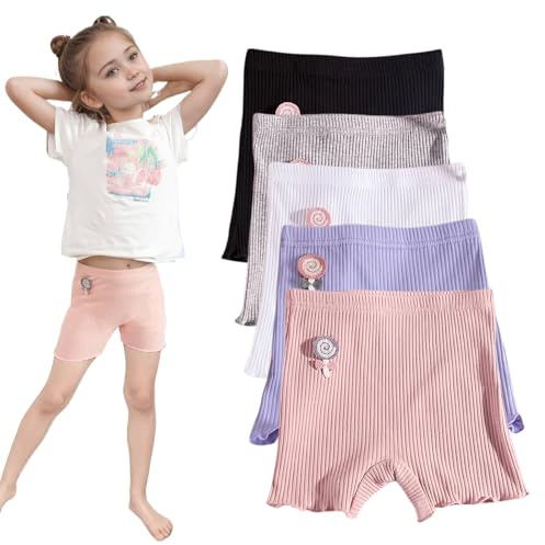 5 Pack Girls Bike Shorts Breathable Boyshorts for Toddler Under Dresses Dance Short Kids No Need to Wear Underwear (US, Age, 5 Years, 7 Years, Black, White, Gray, Pink and Purple)