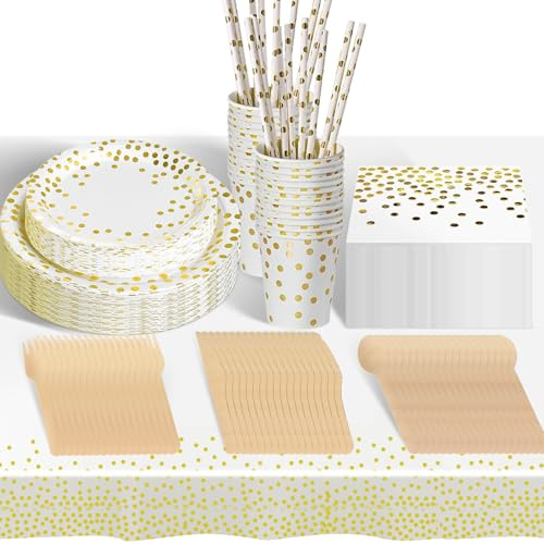 hailstones 226 Stück Weiß Gold Pappteller Besteck Set, Einwegteller ​Papier Geschirr Set mit Gabeln, Messer, Löffel, Teller, Becher, 25 Gäste Partygeschirr Set für Geburtstag, Hochzeiten, Jubiläums